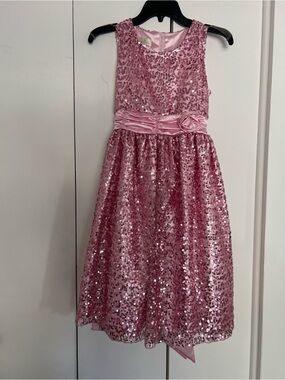 Sparkling Pink Sequin Girls' Dress with Sash
